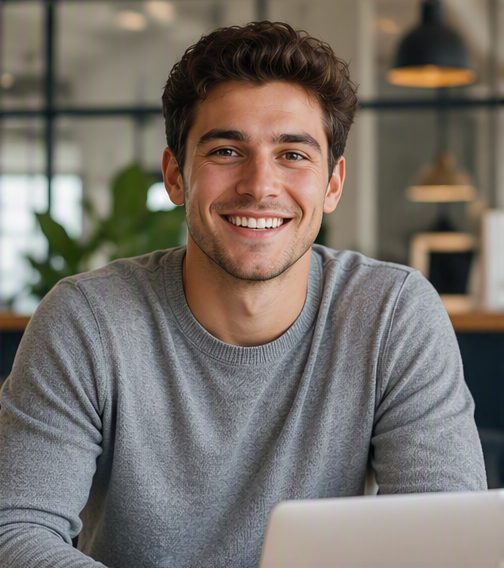 Jake - The Emerging Investor, smiling at laptop