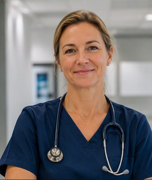 Sarah - The Time-Poor Professional; medical practitioner in scrubs, smiling
